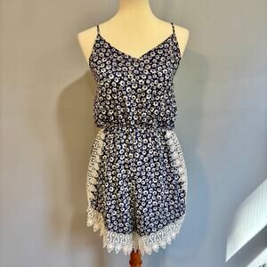 Navy Blue White Floral Lace Trim Romper Jumpsuit V-Neck Sleeveless Boho, Size L